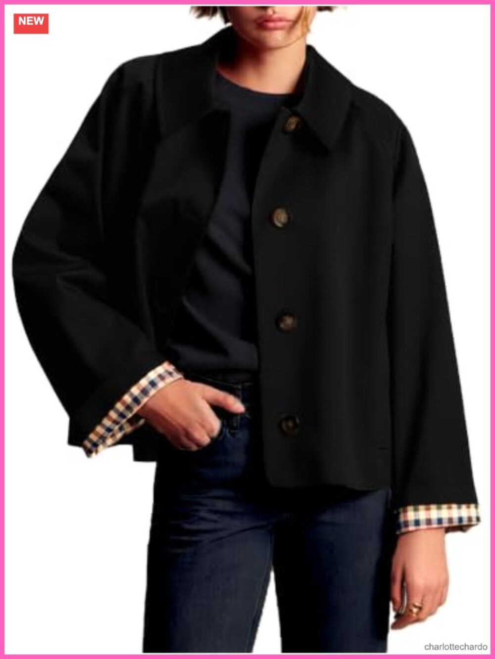 Women's Cropped Oversize Trench Coat with Plaid Lining and Pockets